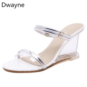 Dwayne 2018 nauja seksuali crystal clear aukštakulnius batus, paprastų moterų šlaito skaidrus sandalai moters šlepetės