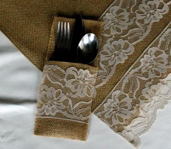 Džiuto nėrinių vestuvių stalo pakuotės šakutę, šaukštą ir peilį pakavimo dekoras /Peiliai Kišenėje už kanapės /21 *10CM