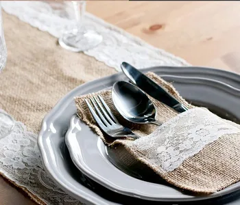Džiuto nėrinių vestuvių stalo pakuotės šakutę, šaukštą ir peilį pakavimo dekoras /Peiliai Kišenėje už kanapės /21 *10CM