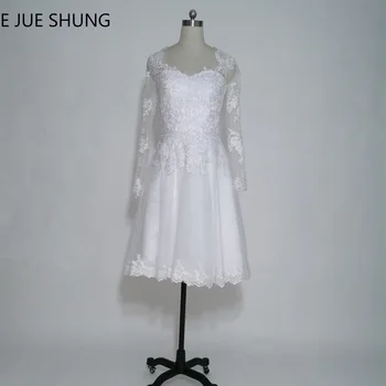 E JUE SHUNG Balta Nėrinių Appliques Trumpos Vestuvinės Suknelės-line ilgomis Rankovėmis Paplūdimys Vestuvių Suknelės trouwjurk