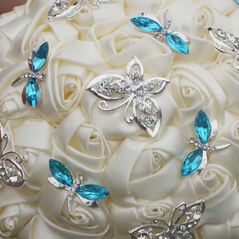 Elegantiškas Dramblio Kaulo Kremas Rose Butterfly Mėlyna Kristalų Diamond Dygsnio Vestuvių Nuotakos Puokštė Mariage Sagė Vestuvių Gėlių W2217 Užsakymą