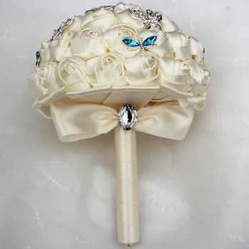 Elegantiškas Dramblio Kaulo Kremas Rose Butterfly Mėlyna Kristalų Diamond Dygsnio Vestuvių Nuotakos Puokštė Mariage Sagė Vestuvių Gėlių W2217 Užsakymą