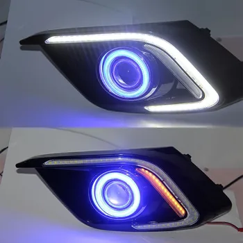 EOsuns COB Angel eye + LED dienos veikia šviesos DRL + Priešrūkinis Žibintas su Projektoriaus Objektyvas + geltona posūkio signalo Mazda 3 Axela m.