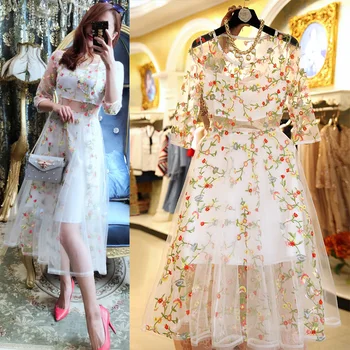 Europa ir Jungtinės amerikos valstijos retro suknelė vasaros gėlių siuvinėjimo Tinklelio, didelio dydžio moteriški suknelė iki 2017 m. vasaros naują TB7601