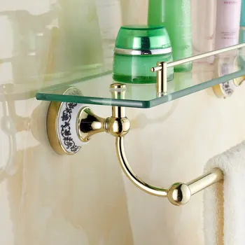 Europos stiliaus Aukso stiklo lentynos vonios kambarys suknelė lentynos laikiklis aukso porceliano ir žalvario, stiklo lentynos su rankšluosčiu stovo laikiklį
