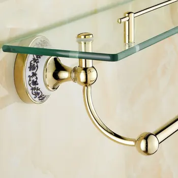 Europos stiliaus Aukso stiklo lentynos vonios kambarys suknelė lentynos laikiklis aukso porceliano ir žalvario, stiklo lentynos su rankšluosčiu stovo laikiklį