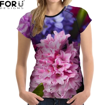FORUDESIGNS Pink Gėlių Spausdinti Moterų Vasaros T shirts Kultūrizmo Trumpas Rankovės Viršaus Augalai Mados Kvėpuojantis Moterų Tee Marškinėliai