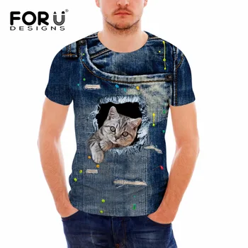 FORUDESIGNS Trumpas Rankovės Harajuku Animacija vyrų brand t-shirt juokinga spausdinti super power cat 3D marškinėliai denim blue vasaros viršūnes tees