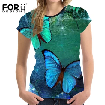 FORUDESIGNS Trumpas Rankovės Marškinėliai Moterims 3D Drugelis Modelio Marškinėliai Kvėpuojantis Vasaros marškinėliai Seksuali Moteris Viršūnes Tee Plius Dydis S-XXL