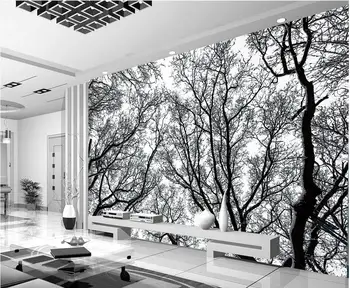 Foto tapetai, freskos Abstraktūs piešiniai juodos ir baltos spalvos, medžių tapetų sienos, Namo Apdailos