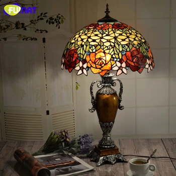 FUAMT Europos Derliaus Tiffany Art Šviesos Kambarį Lova stalinės Lempos Kūrybos Šiltą Šviesą Tamsintas Stiklas LED Stalo Lempa
