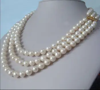 Gamtos 3 eilės sruogos 9-10mm akoya balta perlų vėrinį 18