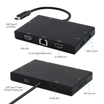 GOOJODOQ 8 1 USB C HUB HDMI, VGA, USB-C Gigabit Ethernet Daugiafunkcį C Tipo Stebulės PD 4K Vaizdo SD Kortelių Skaitytuvą, skirtą 