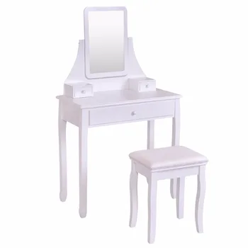 Goplus Balta Makiažas tualetinis stalelis Kosmetinis Stalas ir Kėdė, nustatytos Aikštės Veidrodį ir 3 Stalčiai Odininkas Prabangi Stalo HW55561