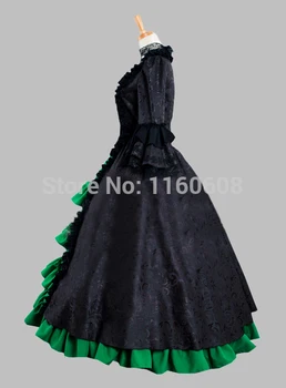 Gotikos Juodos ir Žalios Medvilnės Brokatas Viktorijos 1870/90s Eros Suknelė