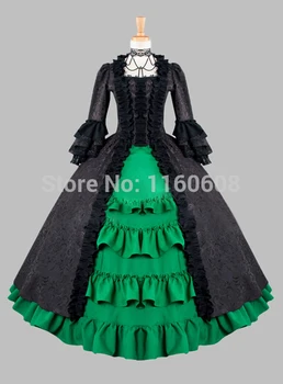 Gotikos Juodos ir Žalios Medvilnės Brokatas Viktorijos 1870/90s Eros Suknelė