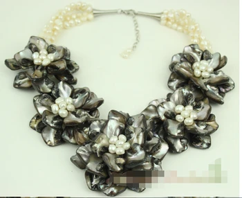 Gražus Populiarus black MOP shell FW pearl gėlių karoliai, auskarai rinkinys