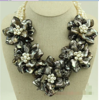 Gražus Populiarus black MOP shell FW pearl gėlių karoliai, auskarai rinkinys