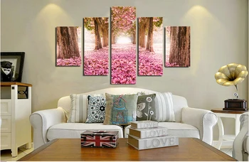Gražus Rožinis Medis, Gėlių Kraštovaizdžio Šiuolaikiškos Sienų Tapybos Drobės Spausdintos Gėlių Sienos Meno Picures Namų Dekoro 5 Vnt