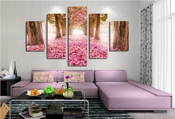 Gražus Rožinis Medis, Gėlių Kraštovaizdžio Šiuolaikiškos Sienų Tapybos Drobės Spausdintos Gėlių Sienos Meno Picures Namų Dekoro 5 Vnt