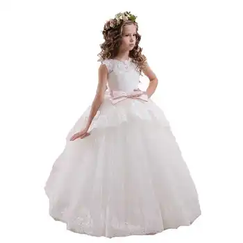 Grožio Emily Vestuvės Baltųjų Gėlių Mergaičių Suknelės 2018 Nėrinių Appliques Reljefiniai Merginos Inscenizacija Chalatai Tuščiaviduriai Nėrinių Lankas Varčios