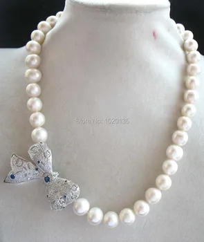 Gėlavandenių perlų balta netoli raundas 11-12mm ir bowknot karoliai 18inch mados nuolaida dovana mėlyna FPPJ