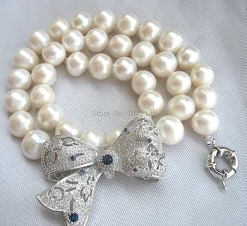 Gėlavandenių perlų balta netoli raundas 11-12mm ir bowknot karoliai 18inch mados nuolaida dovana mėlyna FPPJ