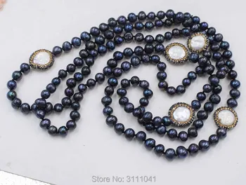 Gėlavandenių perlų juoda apvali 7-8mm ir balto plokščio baroko karoliai 45inch FPPJ didmeninė karoliukai pobūdis