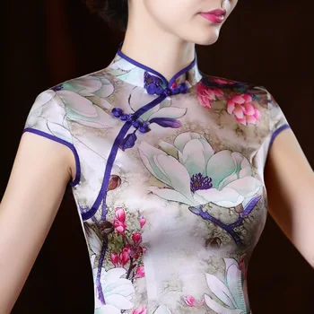 Gėlių Gryno Šilko Moterų Cheongsam Kinų Stiliaus Suknelė Lady Bodycon Vestidos Moterų Vakaro Dress Satino Qipao Suknelę 18