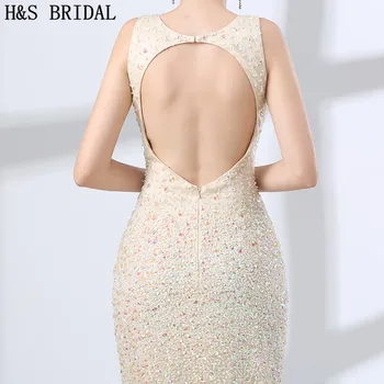 H&S BRIDAL Backless Prom Dresses Ilgai Undinė vakarinę Suknelę Kristalų Lentjuostės V Kaklo Šalis Suknelė vestido de festa Šampano Suknelė