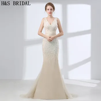 H&S BRIDAL Backless Prom Dresses Ilgai Undinė vakarinę Suknelę Kristalų Lentjuostės V Kaklo Šalis Suknelė vestido de festa Šampano Suknelė
