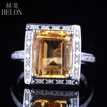 HELON Kietas 14K White Gold Originali citrinas rašė 11x9mm Pagalvėlė Nutiesti Gamtinių Deimantų Moterų Papuošalai, Sužadėtuvių, Vestuvių Bauda Žiedas