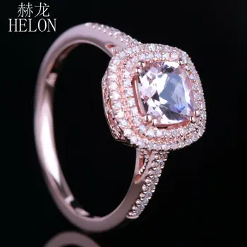 HELON Papuošalai Kietas 10K Rose Aukso 6mm Pagalvėlė 0.85 CT Rožinis Morganite Nutiesti 0.3 ct Originali Diamond Aureolių Dalyvavimas Vestuvių Žiedas