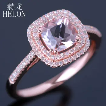 HELON Papuošalai Kietas 10K Rose Aukso 6mm Pagalvėlė 0.85 CT Rožinis Morganite Nutiesti 0.3 ct Originali Diamond Aureolių Dalyvavimas Vestuvių Žiedas