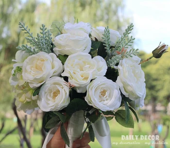 Hi-Q 2017 naujos Dirbtinės vestuvių puokštė brides / pamergės balta rožė Mėlynių netikrą gėlės didelių vestuvių puokštės