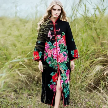 High-end rudens žiemos tranšėjos paltai moterims plius dydžio švarkelis, viskozė derliaus siuvinėjimo gėlių šiltų viršutinių drabužių siuvimas moterų M-XXXL