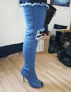 Hongyi Naujas mados seksualus atidaryti tne moteris batai išpjovos gladiatorių batai 2017 aukštos kokybės džinsinio audinio aukštakulniais batais ploni kulniukai batai