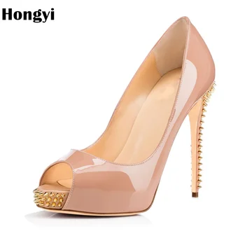 Hongyi NAUJŲ moteris aukštakulnius batus Ponios Sexy Peep Toe moterų siurbliai Sagtis kniedės nude aukštakulniai bateliai nemokamas pristatymas