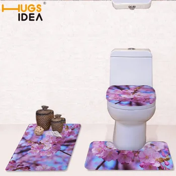 HUGSIDEA 3D Rožinis Gana Gėlių Spausdinti klozeto Dangtis Kilimėlis 3pcs/Set Šilčiau Minkštas WC, Vonios kambarys Kilimų Tualeto Reikmenys Rinkinys