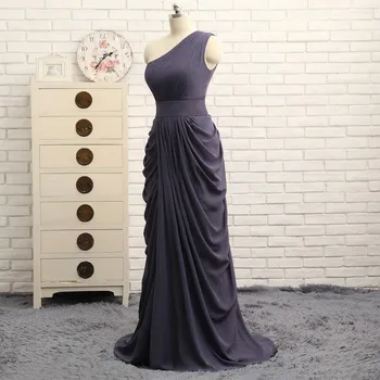 HVVLF 2018 Pigūs Bridesmaid Dresses Pagal 50-line Vieną petį Pilkos spalvos Šifono Plisuotos Ilgai Vestuvės Suknelės