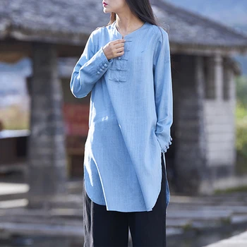 Iki 2017 m. pavasario ir vasaros moters marškinėliai bambuko ir kanapių ilgai marškinėliai, viršutiniai skalbiniai vintage palaidinė ilgai dizaino blusa