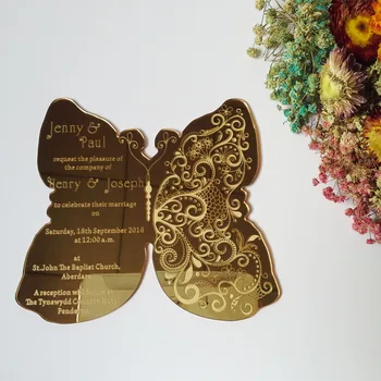 Individualų 180*150mm drugelio formos aukso veidrodis iš akrilo vestuvių pakvietimo(1lot=100vnt)