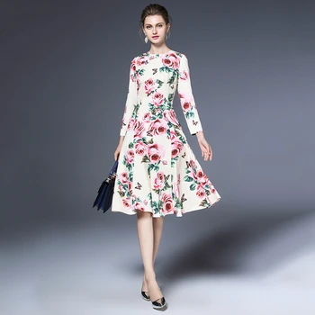 Individualų Kilimo Ir Tūpimo Tako Dizainerių Boutique Elegantiškas Retro Suknelė Moterų Rožių Gėlių Spausdinti Visą Rankovės A-Line Dresses