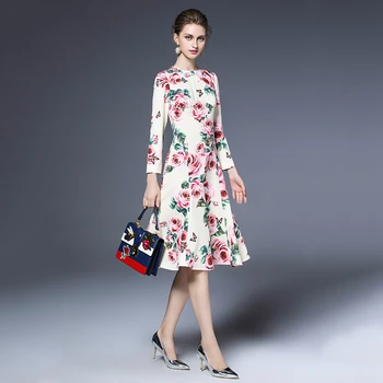 Individualų Kilimo Ir Tūpimo Tako Dizainerių Boutique Elegantiškas Retro Suknelė Moterų Rožių Gėlių Spausdinti Visą Rankovės A-Line Dresses