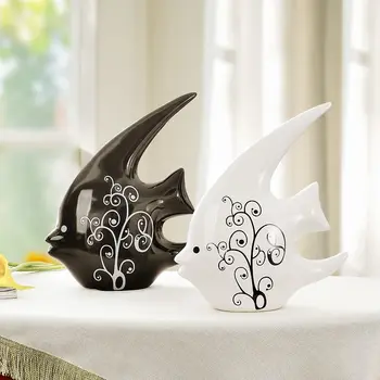Išskirtinį Įdomus Šiuolaikinės Kinijos Porceliano Juodos ir Baltos spalvos Dviguba Mielas Žuvų Apdailos Statulos
