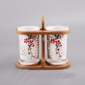 Japoniško stiliaus Keramikos Meno Lazdelės Cilindrų Rankomis Dažyti Slyvų Gėlių Pattern Vandens Nutekėjimo Šaukštas Saugojimo dėklas su Medienos Lentynos