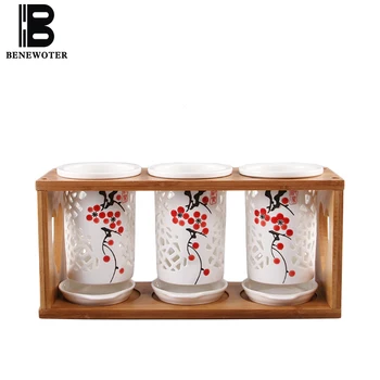 Japoniško stiliaus Keramikos Meno Lazdelės Cilindrų Rankomis Dažyti Slyvų Gėlių Pattern Vandens Nutekėjimo Šaukštas Saugojimo dėklas su Medienos Lentynos