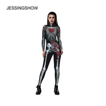 JESSINGSHOW Naują Atvykimo 2017 Jumpsuits Europos Stiliaus Moteris Jumpsuit 3D Prined Rose Kaukolė Kombinezonas Mergaitėms Kelnes S-XL Bodysuit