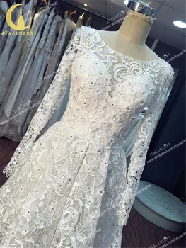 JIALINZEYI Realios Nuotraukos Sexy Ilgas Rankovėmis ir Nėrinių Priekyje trumpas, su ilgu atgal Paplūdimys Vestuvių Suknelės arabų vestuvių suknelė 2017