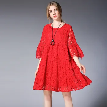 JIANRUYI 2018MM nauja pavasario Moterų Plius Dydis Nėrinių suknelė Tuščiaviduriai iš raukšles suknelė 6802